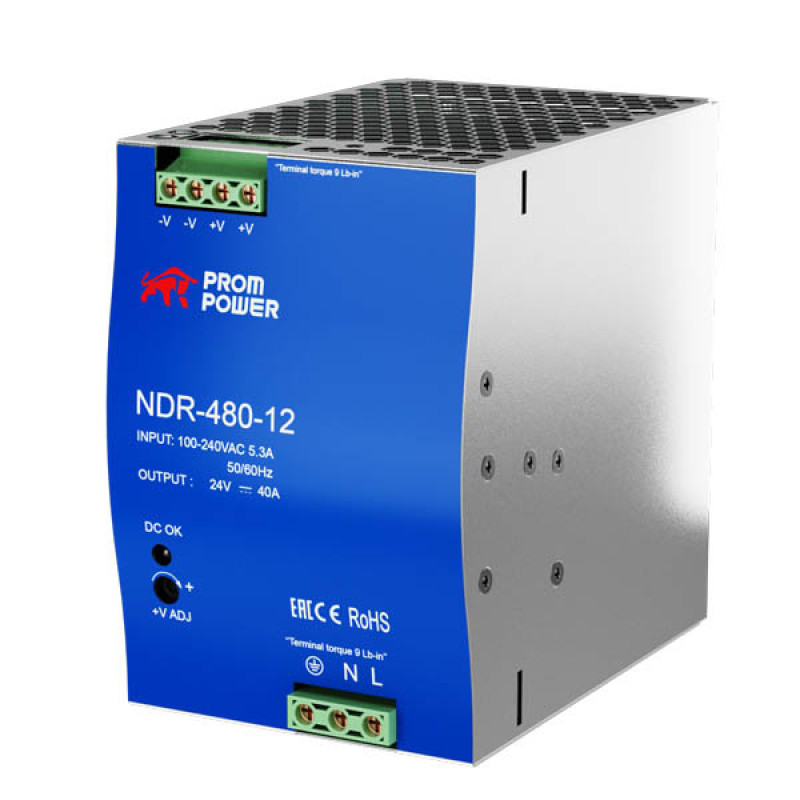 Источник питания NDR-480-12, на выходе 12 В DC, 40 А, 480 Вт. Входное 85-264 В AC (120-370 В DC)