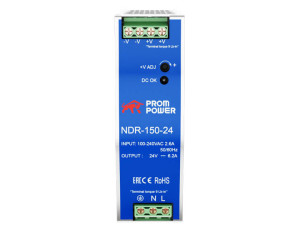 Источник питания NDR-150-24, на выходе 24 В DC, 6.2 А, 150 Вт. Входное 85-264 В AC (120-370 В DC)