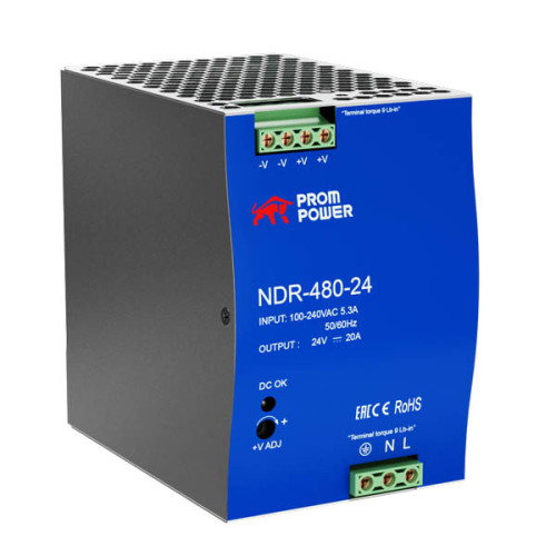 Источник питания NDR-480-24, на выходе 24 В DC, 20 А, 480 Вт. Входное 85-264 В AC (120-370 В DC)