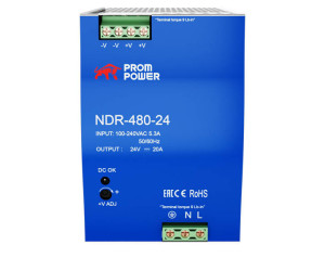 Источник питания NDR-480-24, на выходе 24 В DC, 20 А, 480 Вт. Входное 85-264 В AC (120-370 В DC)