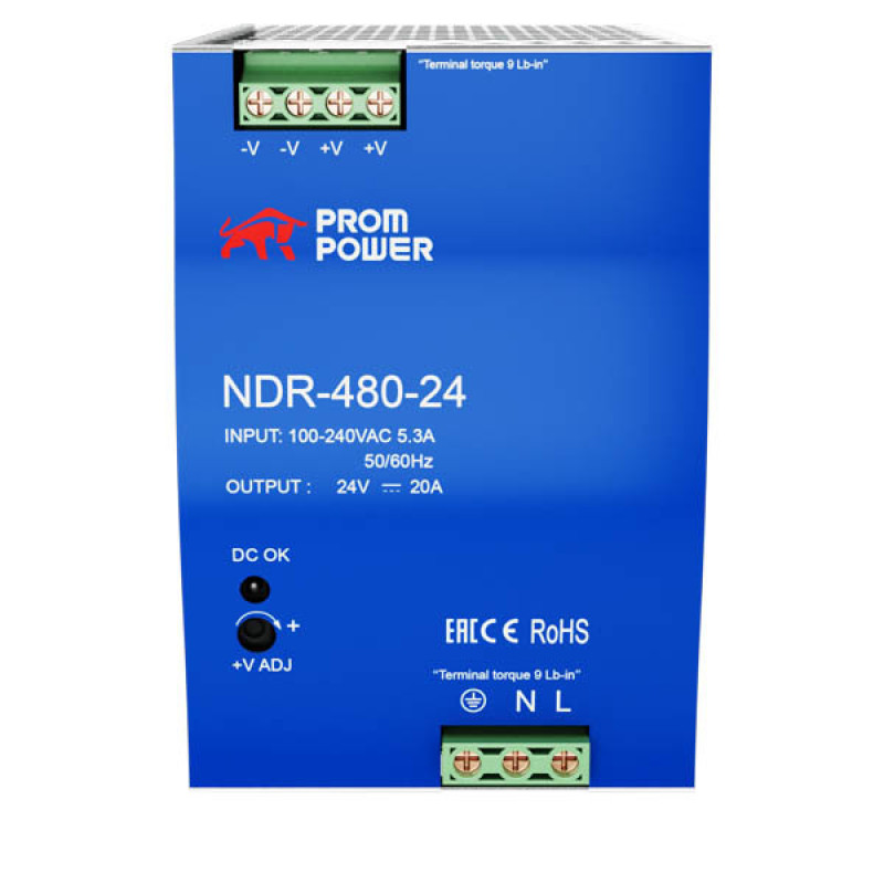 Источник питания NDR-480-24, на выходе 24 В DC, 20 А, 480 Вт. Входное 85-264 В AC (120-370 В DC)