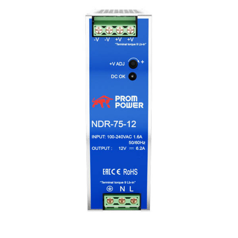 Источник питания NDR-75-12, на выходе 12 В DC, 6.2 А, 75 Вт. Входное 85-264 В AC (120-370 В DC)