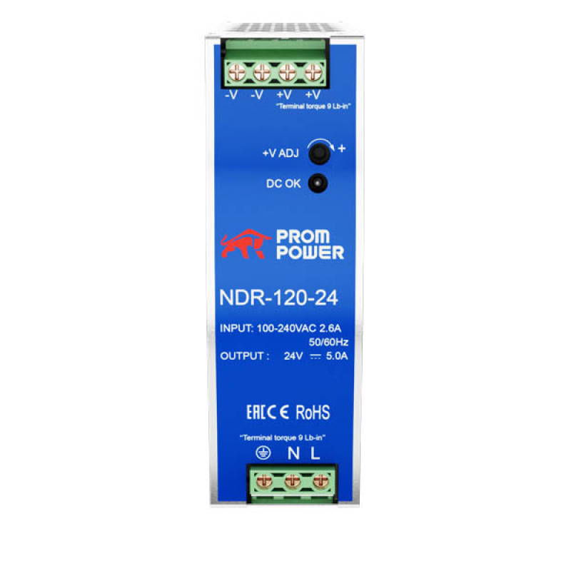 Источник питания NDR-120-24, на выходе 24 В DC, 5 А, 120 Вт. Входное 85-264 В AC (120-370 В DC)