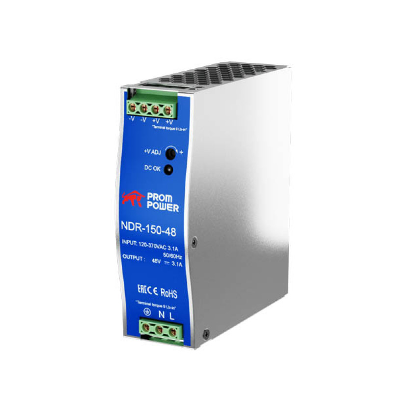 Источник питания NDR-150-48, на выходе 48 В DC, 3 А, 150 Вт. Входное 85-264 В AC (120-370 В DC)