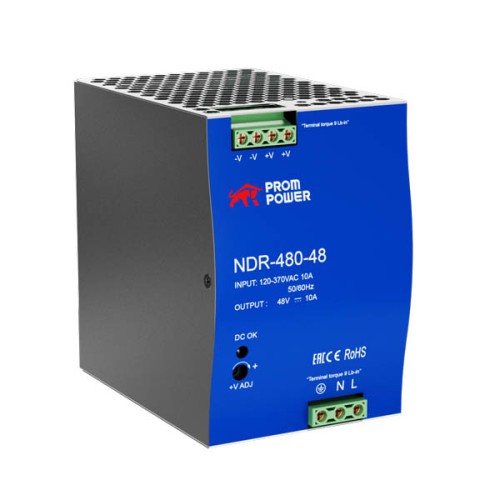 Источник питания NDR-480-48, на выходе 48 В DC, 10 А, 480 Вт. Входное 85-264 В AC (120-370 В DC)
