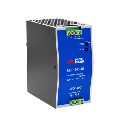 Источник питания NDR-240-48, на выходе 48 В DC, 5 А, 240 Вт. Входное 85-264 В AC (120-370 В DC)