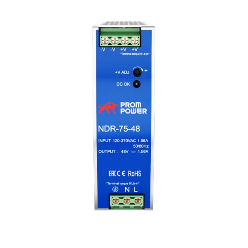 Источник питания NDR-75-48, на выходе 48 В DC, 1.6 А, 75 Вт. Входное 85-264 В AC ( 120-370 В DC)
