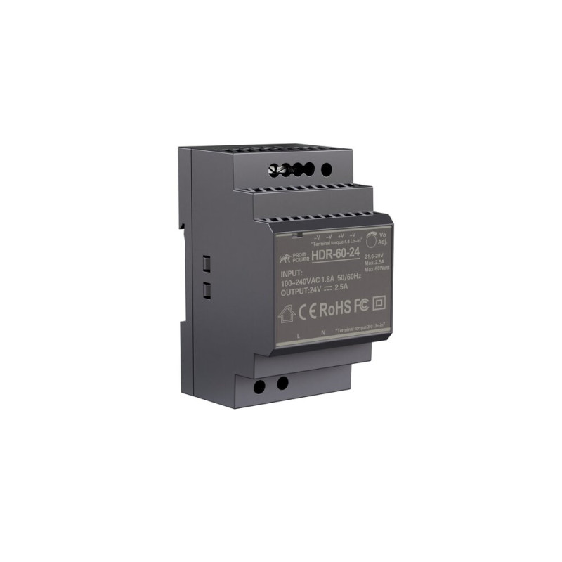 Источник питания PROMPOWER HDR-60-24, на вых. 24 В DC, 2.5А, 60Вт. Вх. 85-264В AC (120-370 В DC)